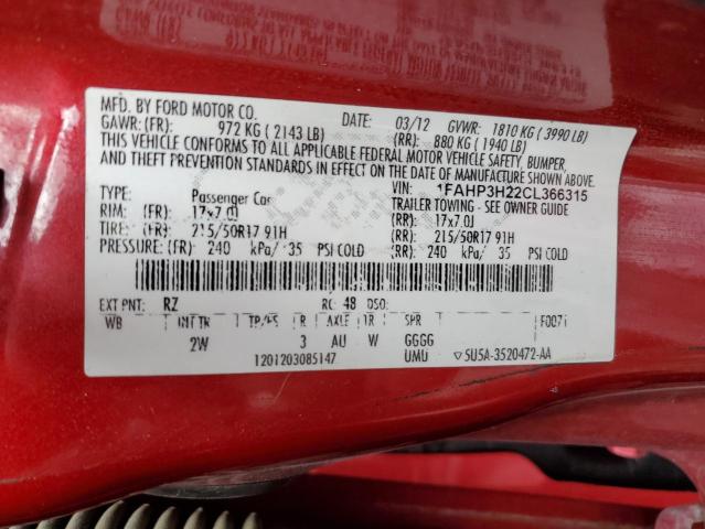1FAHP3H22CL366315 - 2012 FORD FOCUS SEL RED photo 12