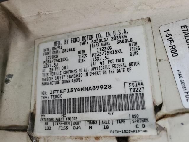 1FTEF15Y4MNA89928 - 1991 FORD F150 WHITE photo 12