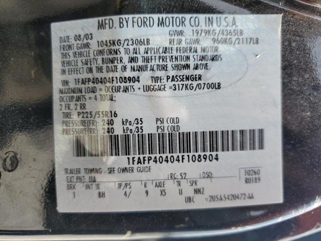 1FAFP40404F108904 - 2004 FORD MUSTANG BLACK photo 12