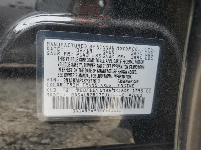 3N1AB7AP4KY311610 - 2019 NISSAN SENTRA S BLACK photo 12