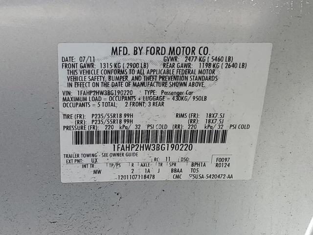 1FAHP2HW3BG190220 - 2011 FORD TAURUS SEL SILVER photo 12