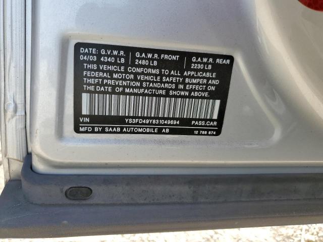 YS3FD49Y831049694 - 2003 SAAB 9-3 ARC SILVER photo 12