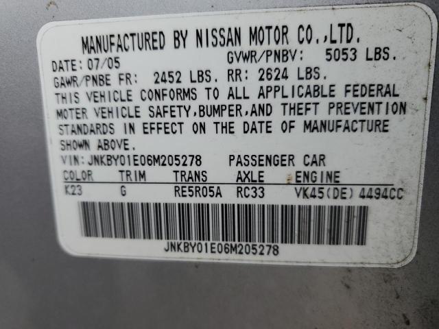 JNKBY01E06M205278 - 2006 INFINITI M45 BASE SILVER photo 12