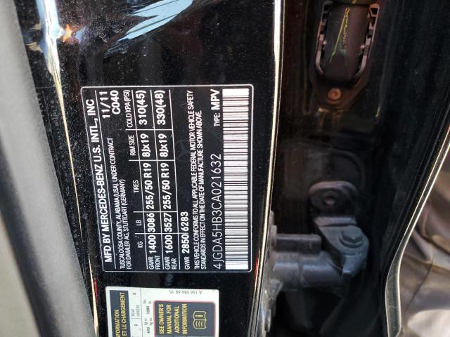 4JGDA5HB3CA021632 - 2012 MERCEDES-BENZ ML 350 4MATIC BLACK photo 12