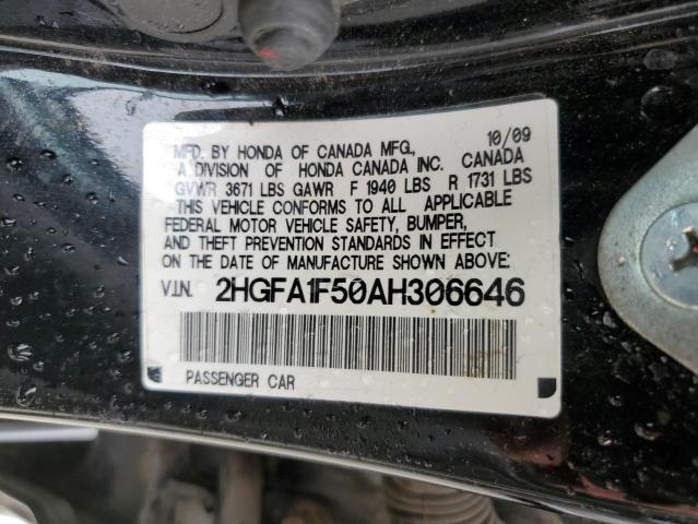 2HGFA1F50AH306646 - 2010 HONDA CIVIC LX BLACK photo 13