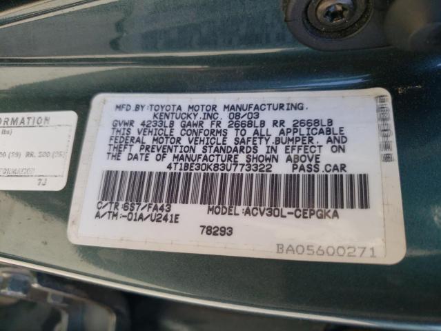 4T1BE30K83U773322 - 2003 TOYOTA CAMRY LE GREEN photo 12