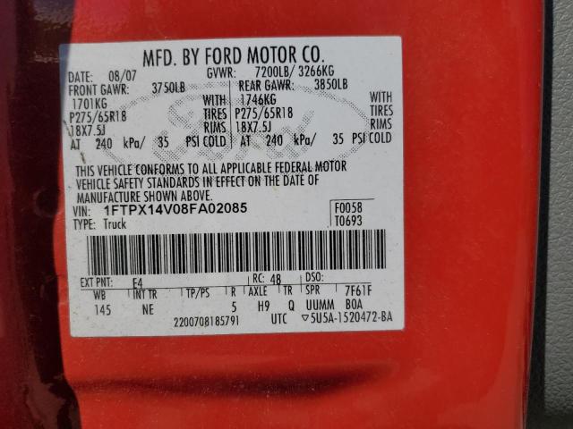 1FTPX14V08FA02085 - 2008 FORD F150 RED photo 12