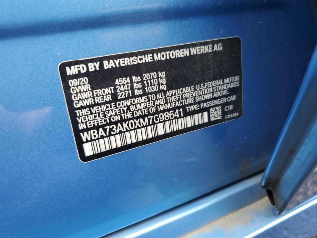 WBA73AK0XM7G98641 - 2021 BMW 228XI BLUE photo 12