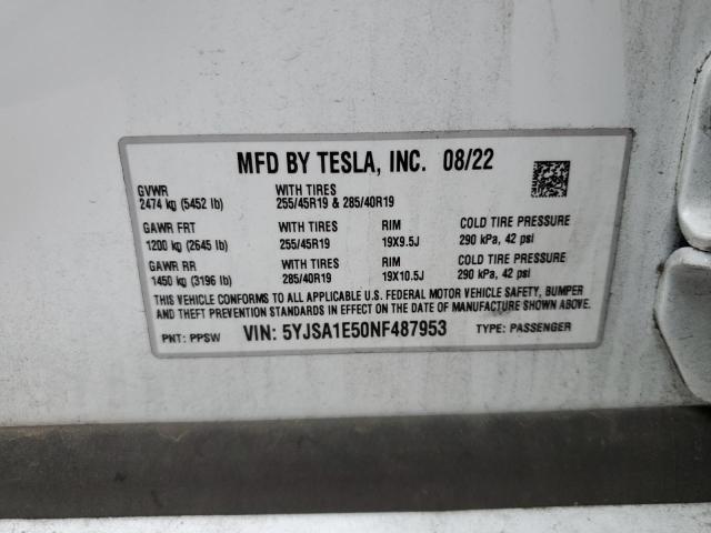 5YJSA1E50NF487953 - 2022 TESLA MODEL S 白色 照片 13