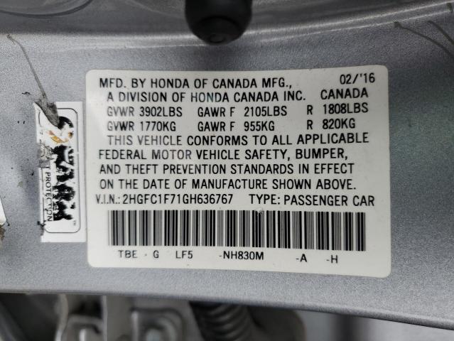 2HGFC1F71GH636767 - 2016 HONDA CIVIC EXL ვერცხლისფერი ფოტო 12