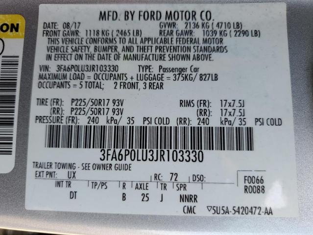 3FA6P0LU3JR103330 - 2018 FORD FUSION SE HYBRID SILVER photo 12