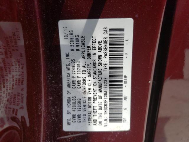 1HGCR2F33GA060232 - 2016 HONDA ACCORD LX BURGUNDY photo 12