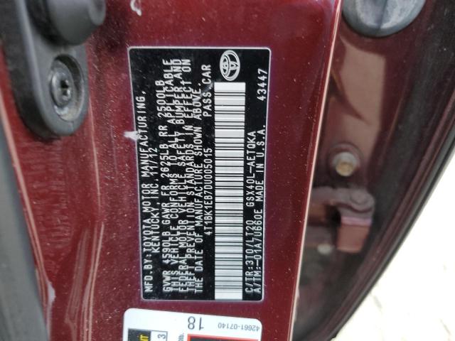 4T1BK1EB7DU005015 - 2013 TOYOTA AVALON BASE 栗色 照片 12