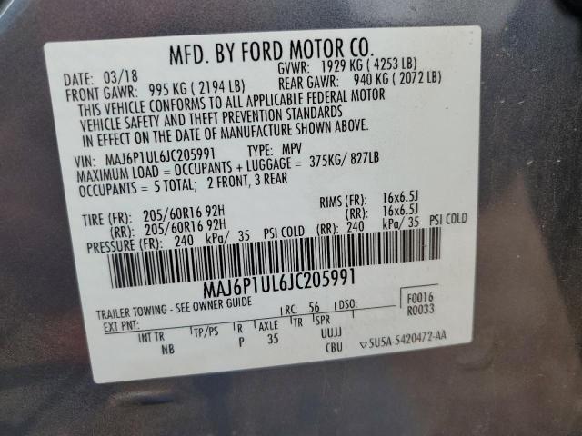 MAJ6P1UL6JC205991 - 2018 FORD ECOSPORT SE GRAY photo 12