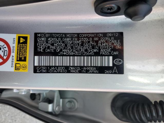 JTHKD5BH3D2125645 - 2013 LEXUS CT 200 SILVER photo 12