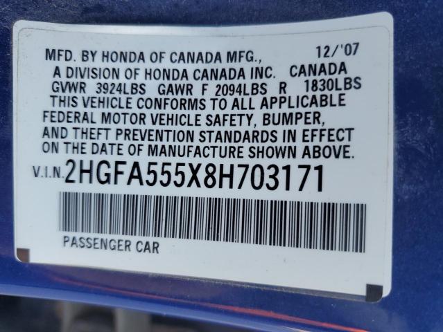 2HGFA555X8H703171 - 2008 HONDA CIVIC SI BLUE photo 12