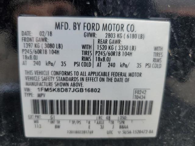 1FM5K8D87JGB16802 - 2018 FORD EXPLORER XLT შავი ფოტო 14