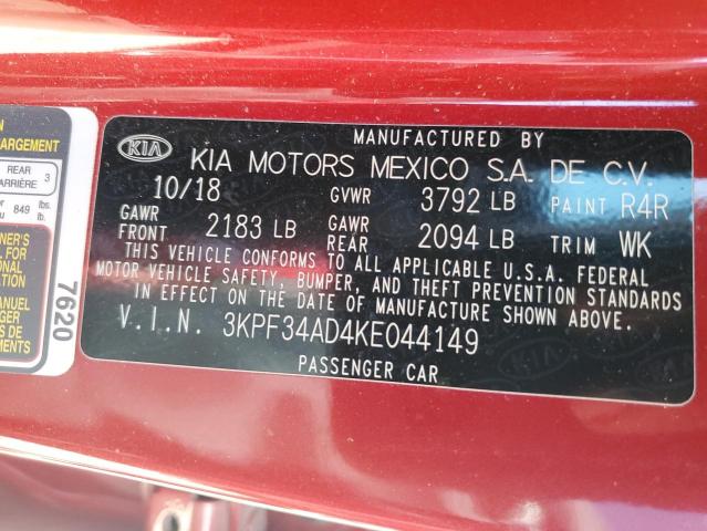 3KPF34AD4KE044149 - 2019 KIA FORTE GT LINE RED photo 12