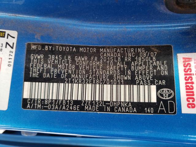 2T1KR32EX8C701011 - 2008 TOYOTA COROLLA MA XR BLUE photo 12