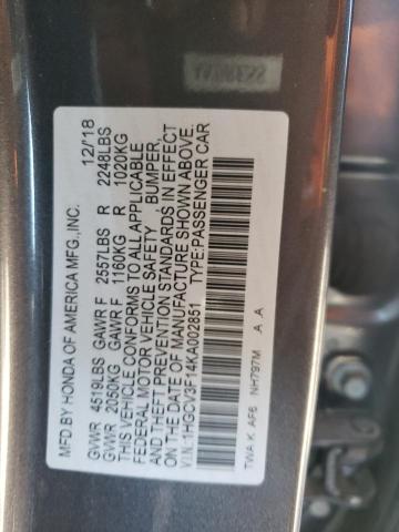 1HGCV3F14KA002851 - 2019 HONDA ACCORD HYBRID GRAY photo 12