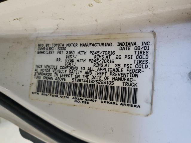 5TBBT44182S228105 - 2002 TOYOTA TUNDRA ACCESS CAB თეთრი ფოტო 12