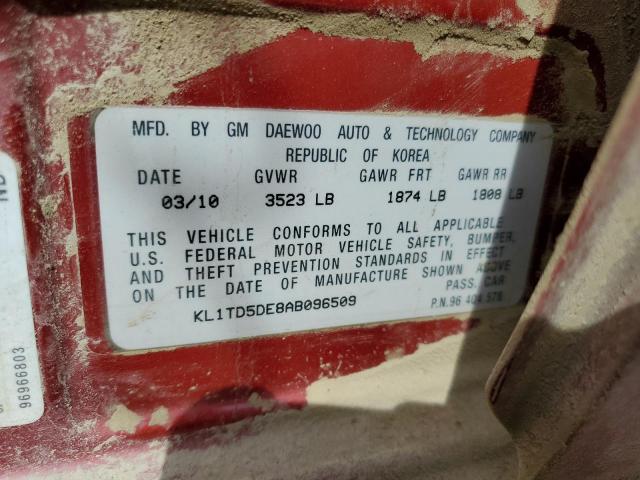 KL1TD5DE8AB096509 - 2010 CHEVROLET AVEO LS 红色 照片 12