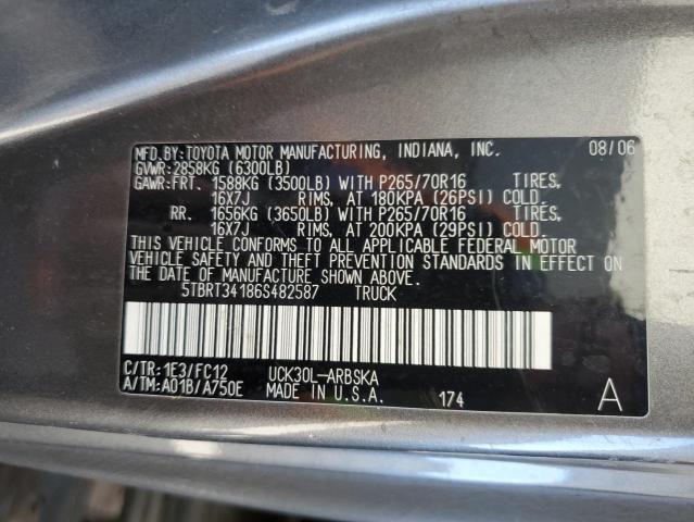 5TBRT34186S482587 - 2006 TOYOTA TUNDRA ACCESS CAB SR5 GRAY photo 12