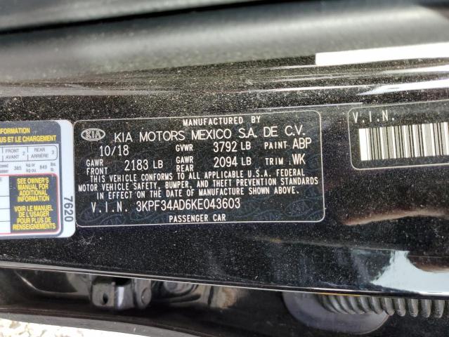 3KPF34AD6KE043603 - 2019 KIA FORTE GT LINE BLACK photo 12