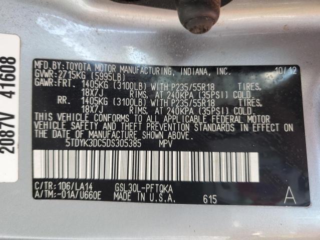 5TDYK3DC5DS305385 - 2013 TOYOTA SIENNA XLE Gümüş fotoğraf 13