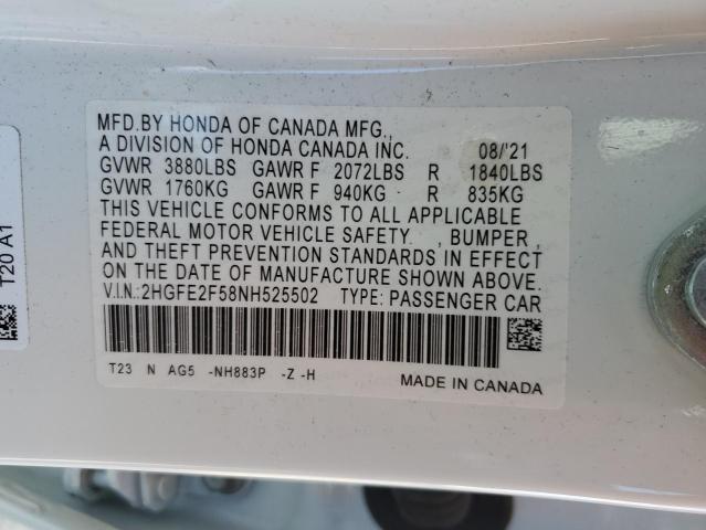 2HGFE2F58NH525502 - 2022 HONDA CIVIC SPORT 白色 照片 12