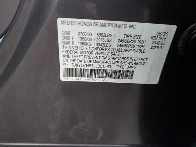 5J8YD7H53LL001583 - 2020 ACURA MDX SPORT HYBRID TECHNOLOGY GRAY photo 12