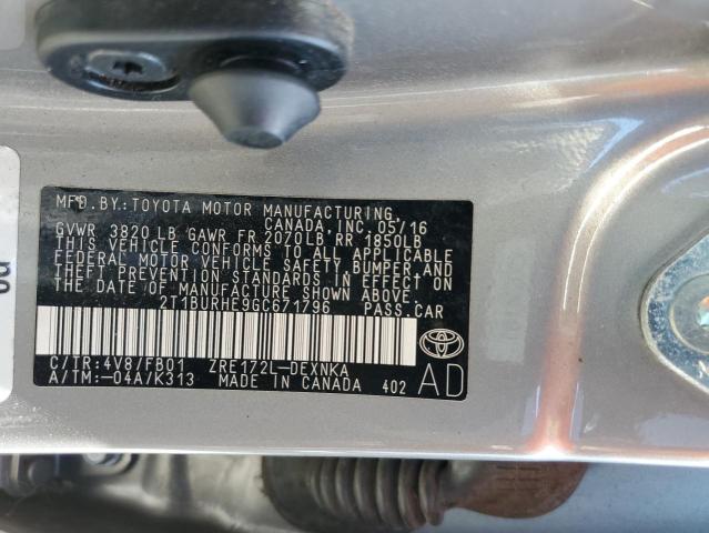 2T1BURHE9GC671796 - 2016 TOYOTA COROLLA L ვერცხლისფერი ფოტო 12