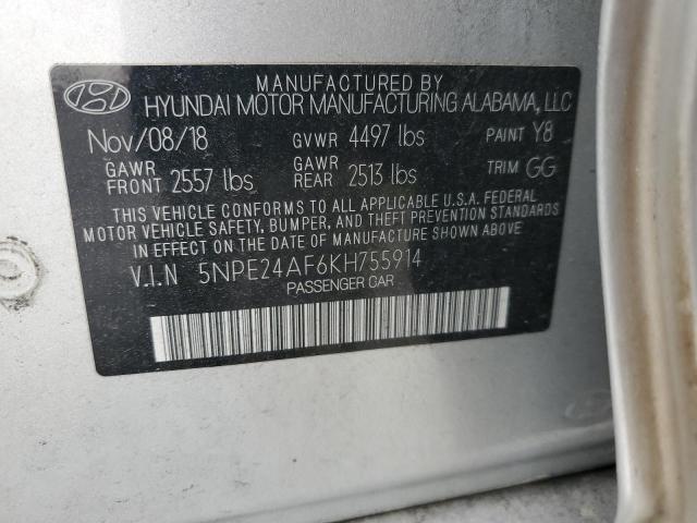 5NPE24AF6KH755914 - 2019 HYUNDAI SONATA SE SILVER photo 12