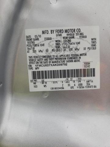 1FMCU0D7XAKD09792 - 2010 FORD ESCAPE XLT SILVER photo 12