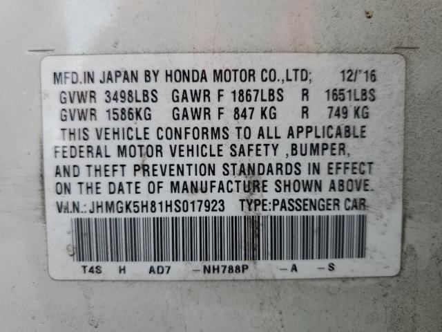 JHMGK5H81HS017923 - 2017 HONDA FIT EX WHITE photo 12