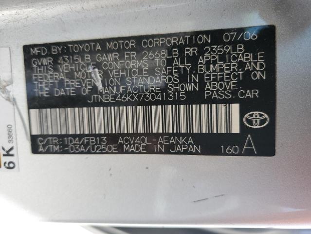 JTNBE46KX73041315 - 2007 TOYOTA CAMRY CE SILVER photo 12