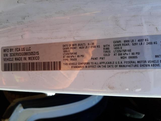 3C6ERVDG0ME505315 - 2021 RAM PROMASTER 2500 HIGH أبيض صورة 10