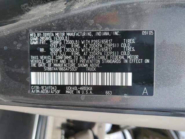 5TBBT44186S475937 - 2006 TOYOTA TUNDRA ACCESS CAB SR5 GRAY photo 12
