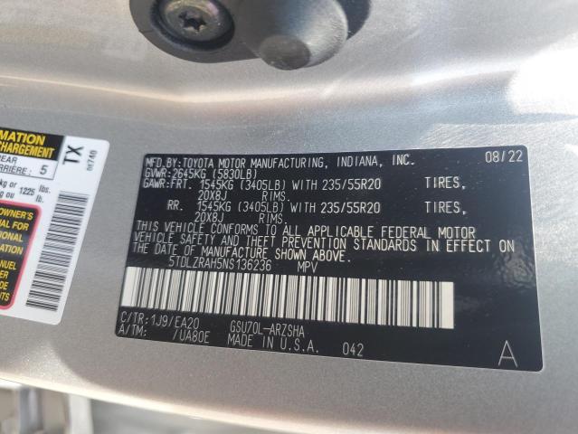 5TDLZRAH5NS136236 - 2022 TOYOTA HIGHLANDER XSE SILVER photo 12