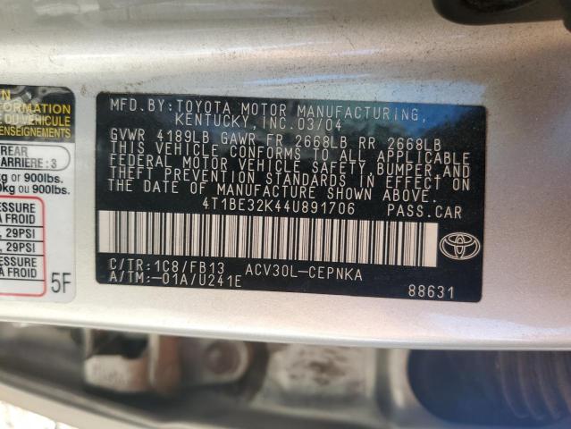 4T1BE32K44U891706 - 2004 TOYOTA CAMRY LE SILVER photo 12