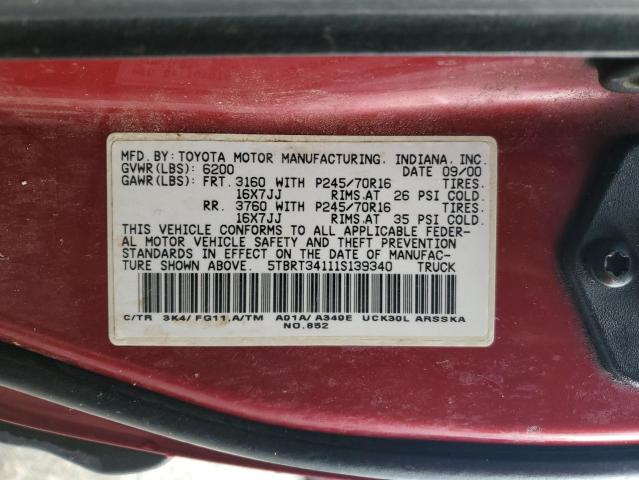 5TBRT34111S139340 - 2001 TOYOTA TUNDRA ACCESS CAB წითელი ფოტო 12