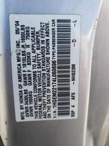 1HGEM22174L060696 - 2004 HONDA CIVIC DX VP SILVER photo 12