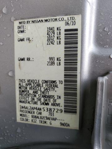 1N4AL2AP4AN538729 - 2010 NISSAN ALTIMA BASE SILVER photo 12