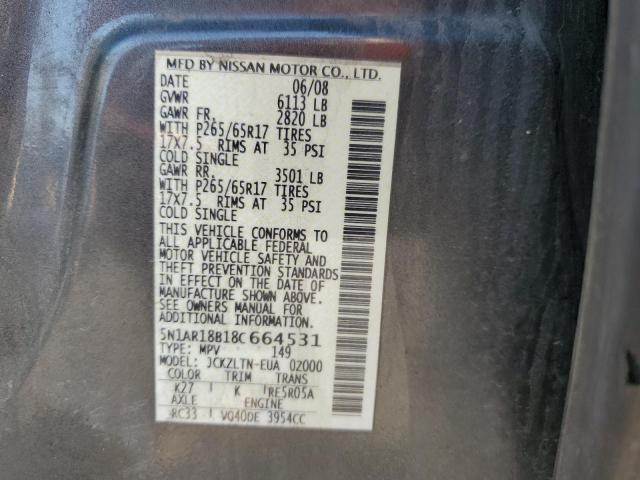 5N1AR18B18C664531 - 2008 NISSAN PATHFINDER S GRAY photo 13