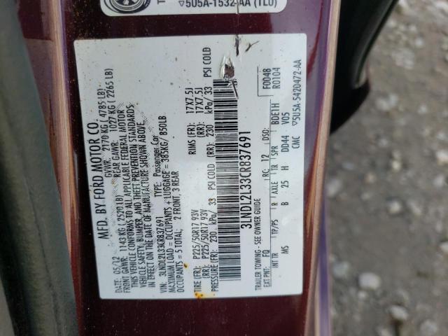 3LNDL2L33CR837691 - 2012 LINCOLN MKZ HYBRID BURGUNDY photo 12