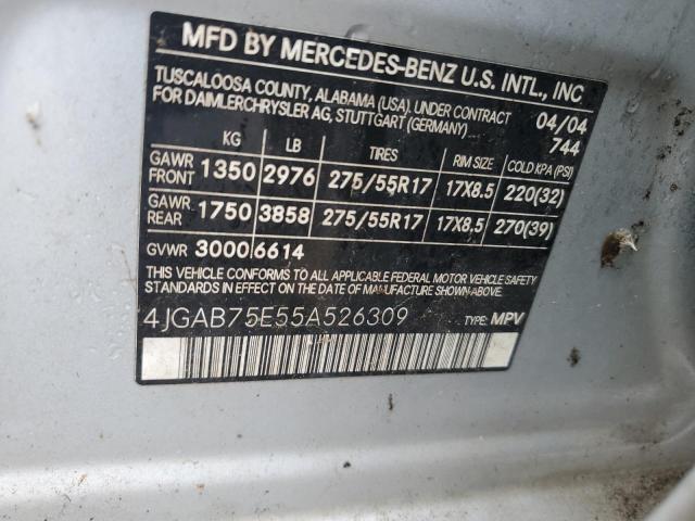 4JGAB75E55A526309 - 2005 MERCEDES-BENZ ML 500 ვერცხლისფერი ფოტო 13