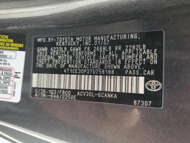 4T1CE30P27U758188 - 2007 TOYOTA CAMRY SOLA SE GRAY photo 12