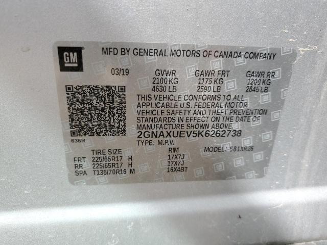 2GNAXUEV5K6262738 - 2019 CHEVROLET EQUINOX LT SILVER photo 12