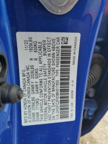 2HGFC2F83MH517855 - 2021 HONDA CIVIC SPORT 蓝色 照片 12
