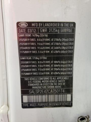 SALSP2E47CA750174 - 2012 LAND ROVER RANGE ROVE AUTOBIOGRAPHY WHITE photo 13